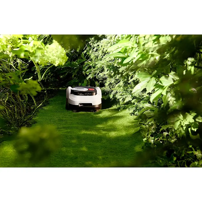 Segway Mähroboter Navimow I220E LiDAR - 2.000 m², Schnittbreite: 22 cm, Laser-gestützte Navigation, LiDAR - Ein Rasenmähroboter steht inmitten üppiger, grüner Vegetation auf einem gepflegten Rasen. Der Roboter ist weiß mit schwarzen Akzenten.