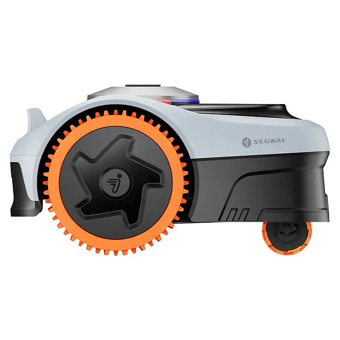 Segway Mähroboter Navimow I208E AWD - 800 m², Schnittbreite: 18 cm, Satellitengestützte Navigation, GPS - Seitenansicht eines Segway-Mähroboters mit orangefarbenen Rädern und einem grauen Gehäuse.