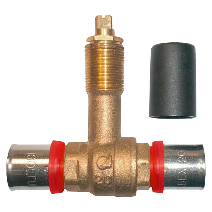 Isoltubex Válvula esférica Pack - 16 mm, Latón - La imagen muestra una válvula de te de latón, con elementos negros y rojos, utilizada para instalaciones de fontanería.