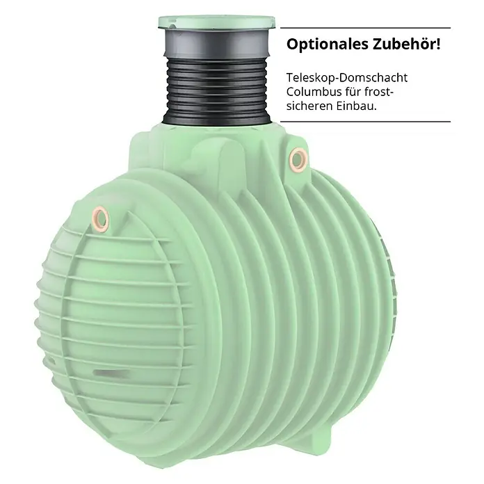 Garantia ProLine Zisterne Columbus - Gesamt Fassungsvermögen: 3.700 l, Dunkelgrün - Bild einer Columbus Regenwasserzisterne mit Teleskop-Domschacht für frost­sicheren Einbau als optionales Zubehör.