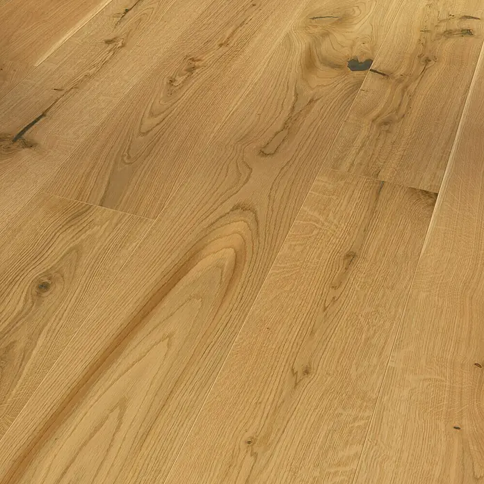Parador Parkett Basic 11.5 - Modern Oak Rustikal, Landhausdiele, 2.200 x 185 x 11,5 mm - Nahaufnahme eines Holzbodens mit Maserung.