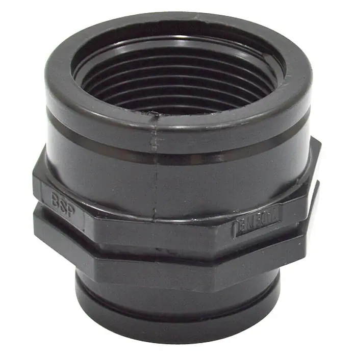Manguito reductor H-H - 1'' × ¾'' - Adaptador hembra de plástico negro BSP, ideal para aplicaciones de fontanería e instalación. Componente robusto y fiable.