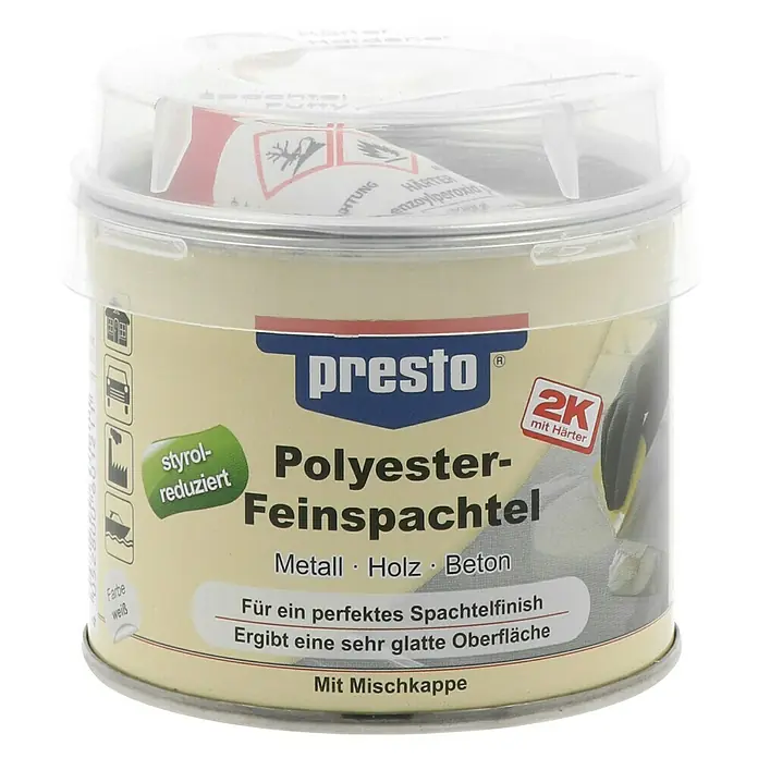Presto Polyester-Feinspachtel - 250 g, Weiß - Ein Behälter Presto Polyester-Feinspachtel, ideal für Metall, Holz und Beton, mit einer Mischkappe für einfaches Auftragen.