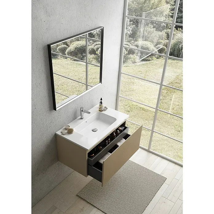 Camargue Pura LED-Lichtspiegel - 90 x 4,5 cm, Schwarz - Modernes Badezimmerwaschbecken mit offenem Fach und Spiegel, kombiniert Funktionalität und stilvolles Design für jedes Badezimmer.