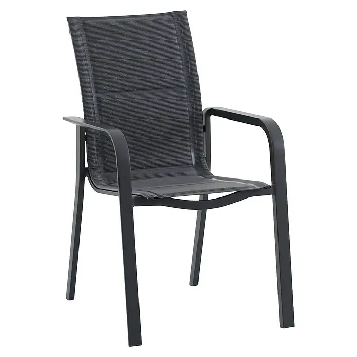 Sunfun Anna Sillón de jardín Anna - 56,5 x 67 x 91,5 cm, Antracita, Acero/Textiline - En la imagen, una silla con reposabrazos y tapicería textil resistente a la intemperie. La estructura es de aluminio gris.
