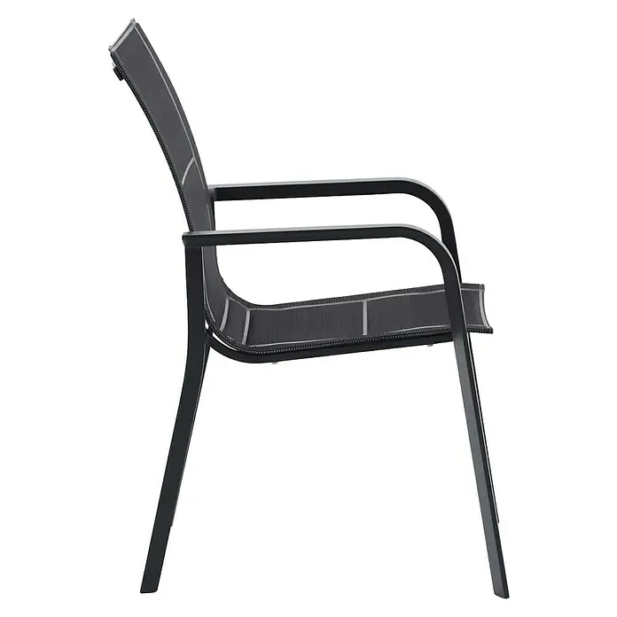 Sunfun Anna Sillón de jardín Anna - 56,5 x 67 x 91,5 cm, Antracita, Acero/Textiline - Vista de una elegante silla negra con reposabrazos. El diseño moderno y los detalles delicados hacen de esta silla un atractivo.