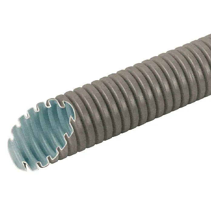 Fränkische Flexrohr FFKu-EM-F 20 - Kunststoff, Außendurchmesser: 20 mm, 50 m, Geeignet für: Beton, Grau - Nahaufnahme eines flexiblen grauen Kabelschutzschlauchs mit blauer Innenseite.