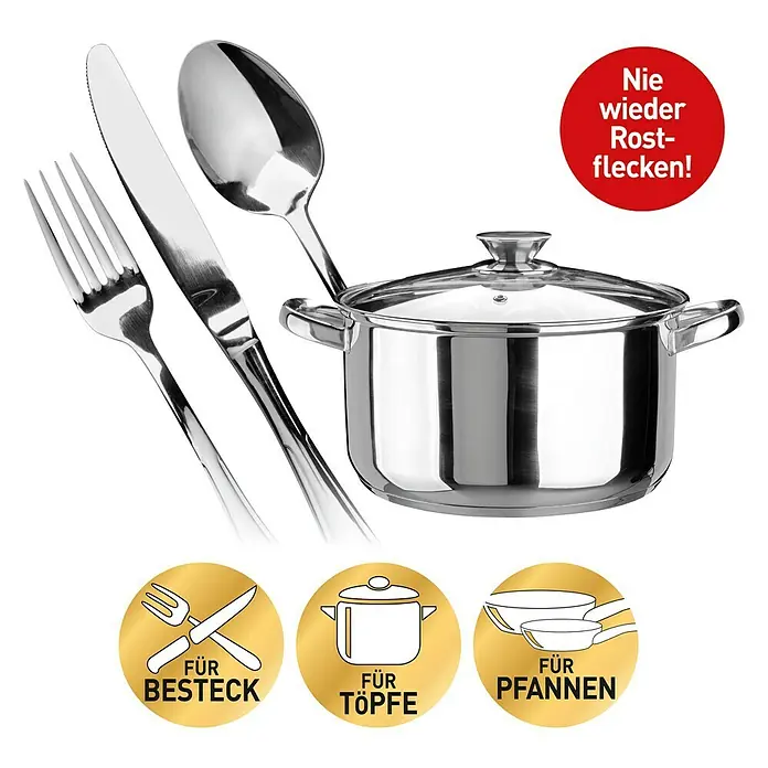 Rokkita Edelstahl-Reiniger Rostschreck - Schutz gegen: Rost, 2 -tlg. - Nahaufnahme von Besteck, einem Kochtopf und einem roten Punkt mit dem Text "Nie wieder Rostflecken!".