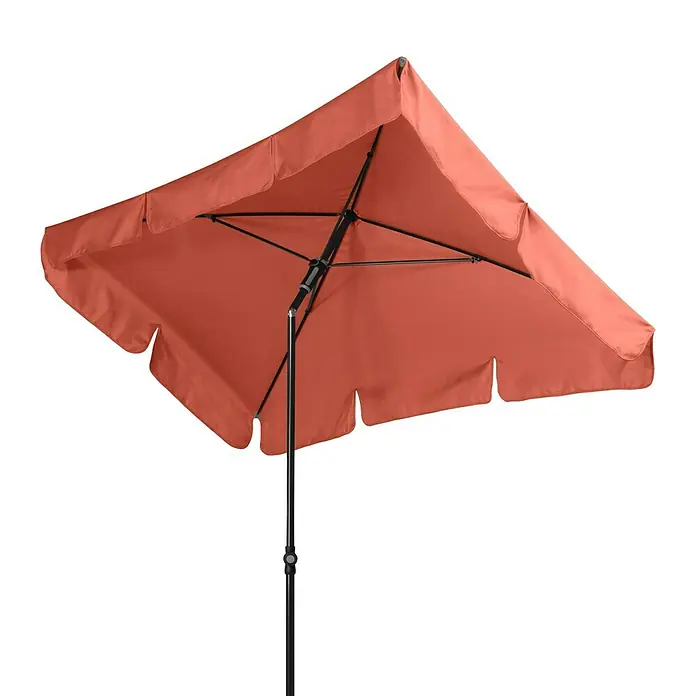 Doppler Sunline Marktschirm Waterproof Neo - Terra, Bespannungsmaß (L x B): 225 x 120 cm - Nahaufnahme eines quadratischen, orangefarbenen Sonnenschirms mit schwarzem Gestell.
