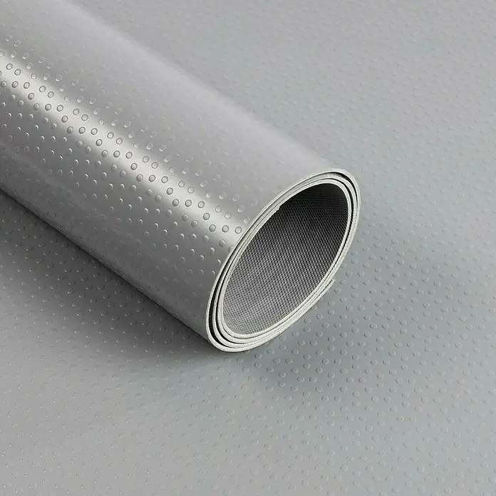 Floordirekt Läufer Dots - 120 x 50 cm, Grau - Bild eines grauen, strukturierten Vinylbodens in Rollenform, ideal für den Einsatz in Nassbereichen wie Badezimmern.