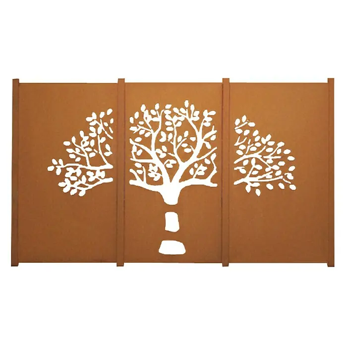 Jabo-Design Sichtschutzelement Triptychon - Edelrost - Die braune Sichtschutzwand mit Baumdesign bietet Privatsphäre und eine natürliche Ästhetik für jeden Außenbereich.