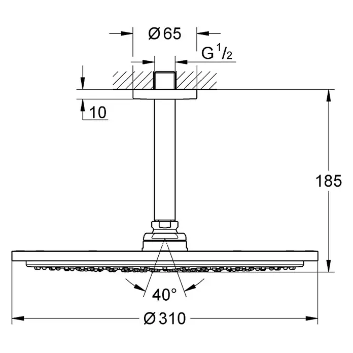 Grohe Rainshower Cosmopolitan 310 Kopfbrausen-Set - Durchmesser: 31 cm, 9,5 l/min, Deckenmontage, Warm Sunset - Produktbild eines Duschkopfs mit Maßangaben. Die Abmessungen sind in Millimetern angegeben.