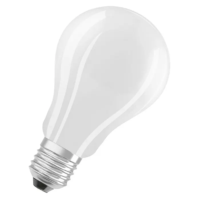Osram Star LED-Lampe Glühlampenform E27 matt - E27, Nicht Dimmbar, Warmweiß, 2.500 lm, 16 W - Nahaufnahme einer weißen Glühbirne mit Schraubsockel vor einem schwarzen Hintergrund.