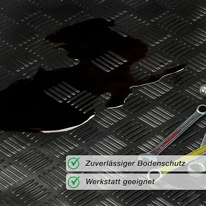 Floordirekt Läufer Karo - 150 x 500 cm, Schwarz - Schwarze Bodenmatte mit Öl und Werkzeugen. Zuverlässiger Schutz für Werkstattböden vor Verschmutzungen.
