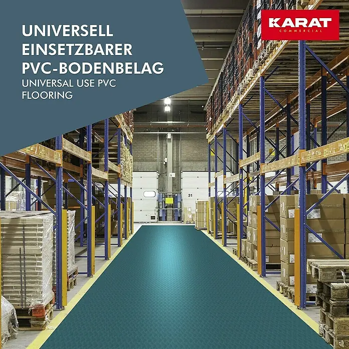 Floordirekt Läufer Diamond Cut - 120 x 400 cm, Türkis - Bild von strapazierfähigem, universell einsetzbarem PVC-Bodenbelag für Lagerhallen mit Karat Commercial Logo.