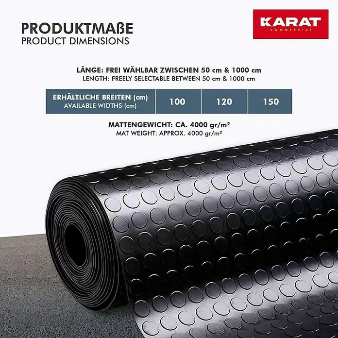 Floordirekt Läufer Flachnoppen - 120 x 450 cm, Schwarz - Schwarze Noppenmatte aus Gummi, erhältlich in verschiedenen Breiten und Längen für gewerbliche Anwendungen.