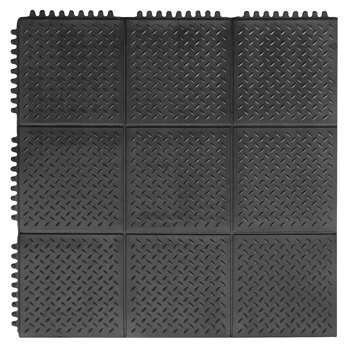 Floordirekt Bodenschutzmatte Puzzle Gummiläufer - 92 x 92 cm, Schwarz - Quadratische, schwarze, ineinandergreifende Bodenfliesen mit Riffelblechmuster.