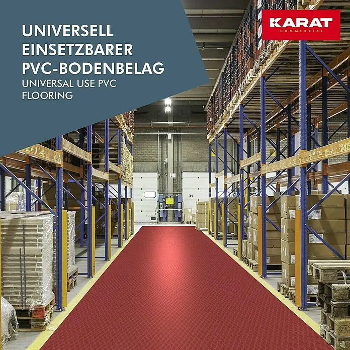 Floordirekt Läufer Diamond Cut - 120 x 400 cm, Dunkelrot - Vielseitiger PVC-Bodenbelag von Karat Commercial in einem Lagerhaus. Ideal für industrielle Anwendungen.