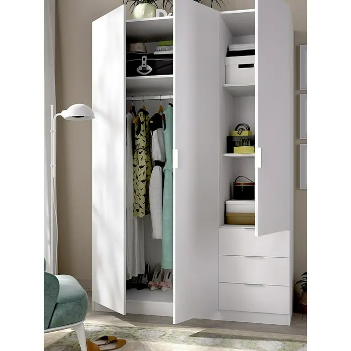 Dekit Armario para ropa Essen con cajones - L x An x Al: 52 x 121 x 184 cm, Blanco, Número de cajones: 3 ud. - Un espacioso armario blanco con puertas abiertas, que muestra un amplio espacio de almacenamiento y permite ver su interior.