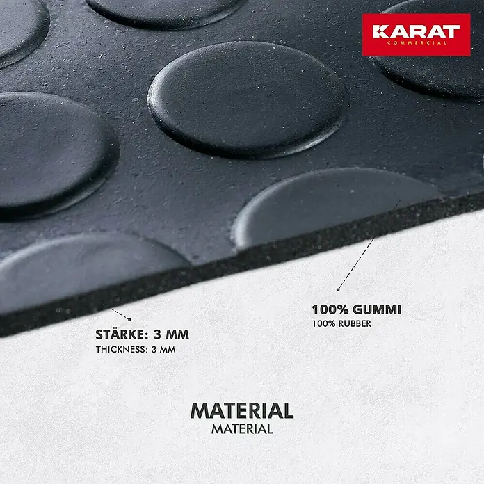 Floordirekt Läufer Flachnoppen - 120 x 450 cm, Schwarz - Bild einer schwarzen Gummi Bodenmatte mit Noppen und der Aufschrift "Material, Stärke 3 mm, 100% Gummi".