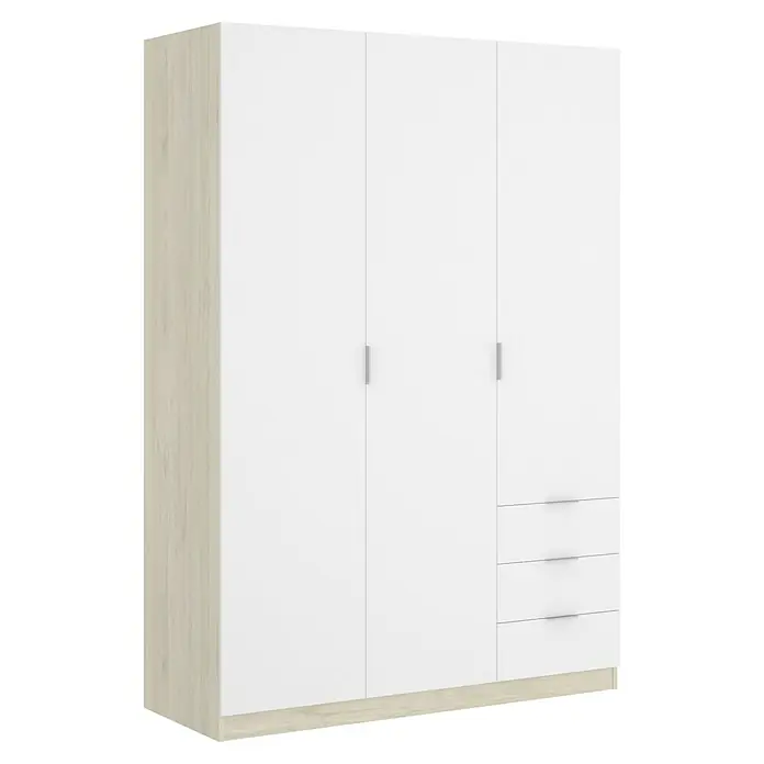 Dekit Armario para ropa Essen con cajones - L x An x Al: 52 x 121 x 184 cm, Blanco/Natural, Número de cajones: 3 ud. - Un elegante armario de tres puertas y tres cajones en blanco y aspecto de madera, perfecto para cualquier dormitorio. Ofrece amplio espacio de almacenamiento.