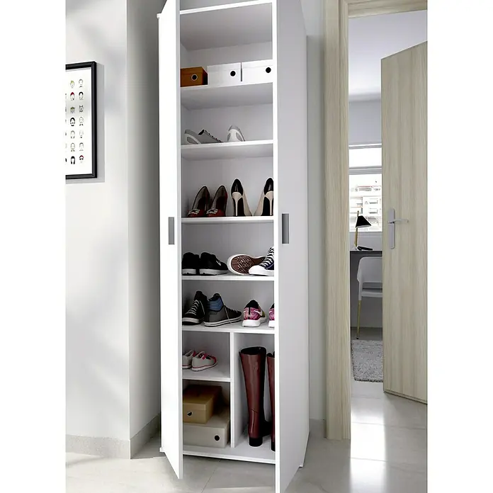 Dekit Armario multiusos de madera Fit - L x An x Al: 35 x 61 x 190 cm, Blanco - Imagen de un zapatero blanco con múltiples estantes que muestran varios tipos de zapatos.