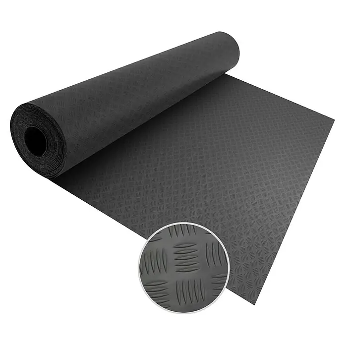 Floordirekt Läufer Diamond Cut - 120 x 250 cm, Dunkelgrau - Bild eines aufgerollten schwarzen Riffelblechs mit einer Detailansicht der Riffelstruktur.
