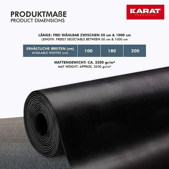 Floordirekt Läufer Fein gerippt - 200 x 250 cm, Schwarz - Produktbild einer schwarzen, gerollten Gummimatte mit den Produktmaßen Länge 50-1000cm, Breite 100/180/200cm und Gewicht ca. 3200 gr/m².