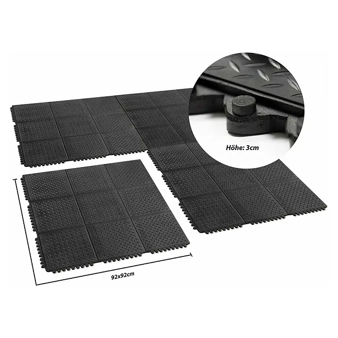 Floordirekt Bodenschutzmatte Puzzle Gummiläufer - 92 x 92 cm, Schwarz - Die abgebildeten schwarzen Garagenfliesen mit Diamantmuster sind robust, langlebig und leicht zu verlegen. Ideal für Garagen oder Werkstätten.