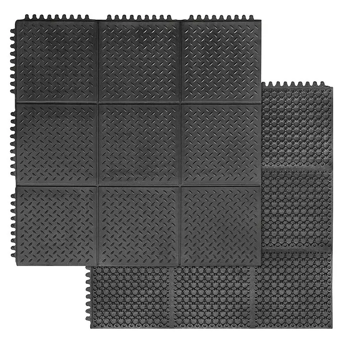 Floordirekt Bodenschutzmatte Puzzle Gummiläufer - 92 x 92 cm, Schwarz - Schwarze, modulare Garagenfliesen mit Diamantmuster und Noppenstruktur für verbesserten Halt und einfache Installation.