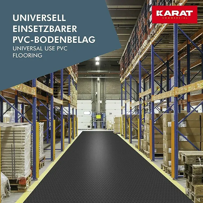 Floordirekt Läufer Diamond Cut - 120 x 250 cm, Schwarz - Das Bild zeigt einen PVC-Bodenbelag von Karat Commercial in einem Lagerhaus, der für universelle Einsatzzwecke geeignet ist.
