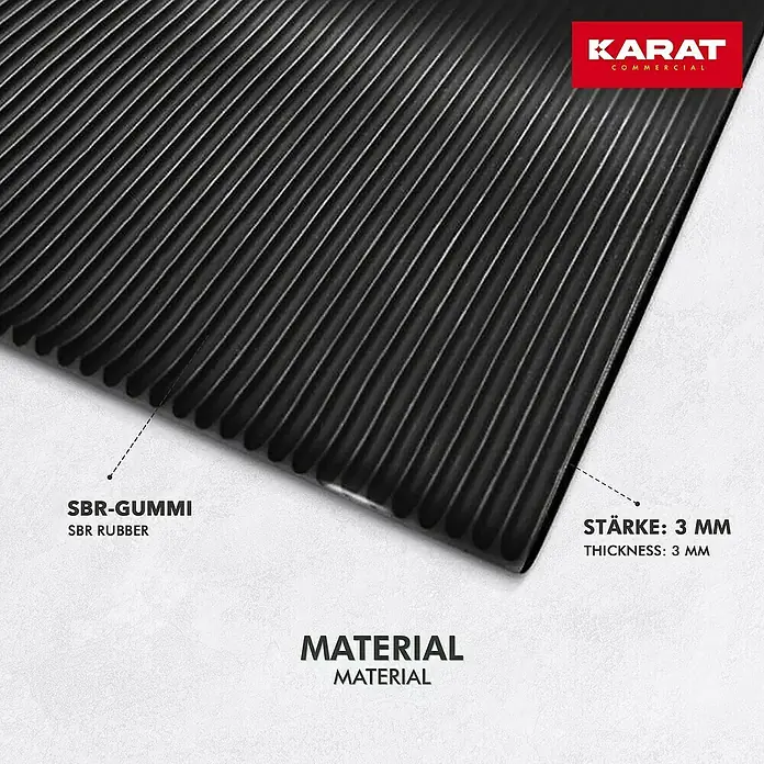 Floordirekt Läufer Fein gerippt - 200 x 250 cm, Schwarz - Bild einer schwarzen Gummimatte von Karat Commercial, hergestellt aus SBR-Gummi, mit einer Dicke von 3 mm.