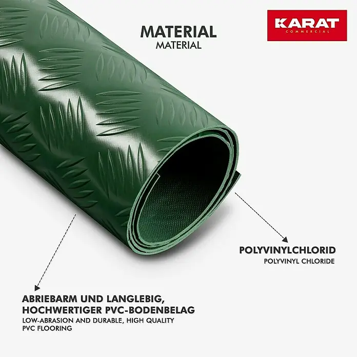 Floordirekt Läufer Diamond Cut - 120 x 400 cm, Grün - Das Bild zeigt eine grüne PVC-Bodenmatte von Karat Commercial, die abriebfest, langlebig und von hoher Qualität ist.