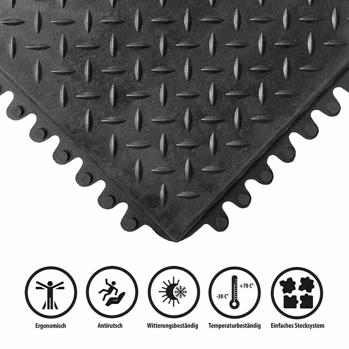 Floordirekt Bodenschutzmatte Puzzle Gummiläufer - 92 x 92 cm, Schwarz - Schwarze, rutschfeste Gummimatte mit Noppenmuster und Stecksystem, ideal für Werkstätten oder Garagen. Robust und widerstandsfähig.