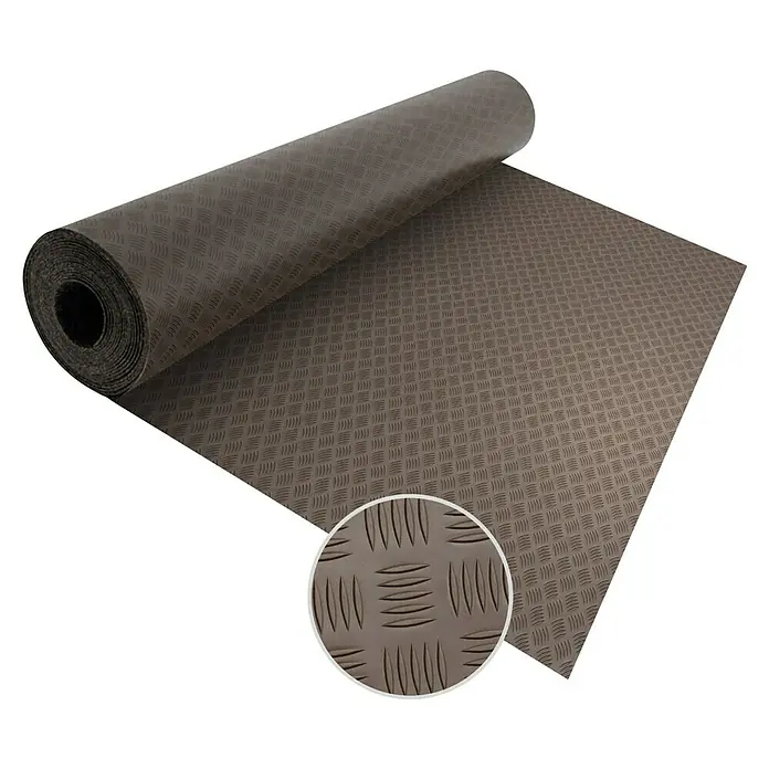 Floordirekt Läufer Diamond Cut - 120 x 400 cm, Braun - Ein Rollenmuster der braunen Riffelblech-Gummimatte. Die Matte ist robust und bietet eine rutschfeste Oberfläche für verschiedene Anwendungen.