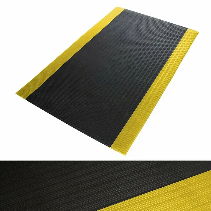 Floordirekt Läufer Softer-Work-Mat - 120 x 50 cm, Gelb/Schwarz - Schwarze Antiverschleißmatte mit gelben Sicherheitsstreifen. Die ideale Arbeitsplatzmatte für Komfort und Sicherheit.