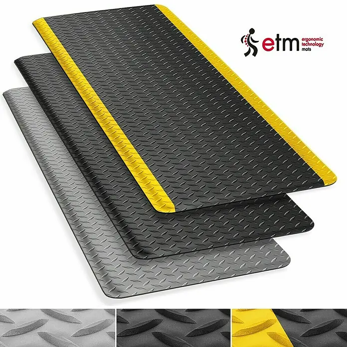 Floordirekt Bodenschutzmatte Heavy-Duty Diamond - 90 x 150 cm, Schwarz - Drei ergonomische Arbeitsplatzmatten in Grau, Schwarz und Schwarz mit gelbem Rand für Komfort und Sicherheit.