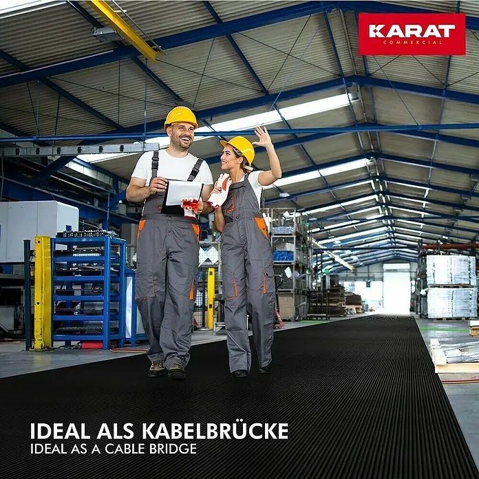 Floordirekt Läufer Fein gerippt - 200 x 250 cm, Schwarz - Zwei Bauarbeiter auf einer robusten Kabelbrücke von Karat Commercial. Ideal für den Einsatz in Lagerhallen und Werkstätten.