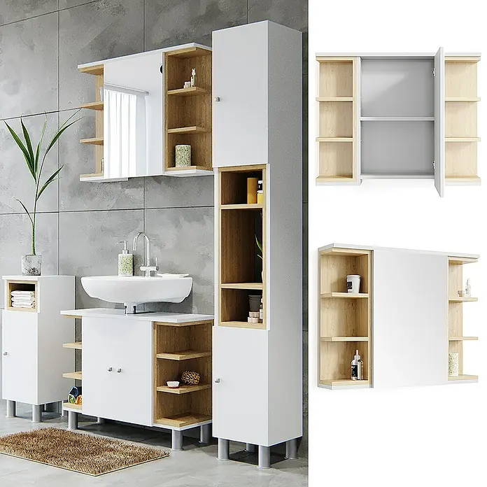 Vicco Spiegelschrank Aquis Weiß - B x H: 79,6 x 64 cm, Stahl, Weiß