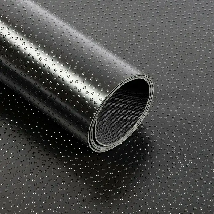 Floordirekt Läufer Dots - 120 x 50 cm, Schwarz - Schwarze Gummi-Bodenmatte mit Noppenstruktur, teilweise aufgerollt. Ideal für Werkstätten oder Garagen, rutschfest und strapazierfähig.