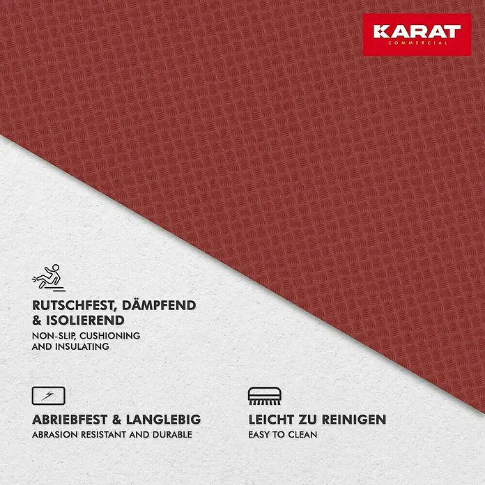 Floordirekt Läufer Diamond Cut - 120 x 400 cm, Dunkelrot - Bild einer Karat Commercial Bodenmatte in Rot mit rutschfesten, dämpfenden und isolierenden Eigenschaften, abriebfest und leicht zu reinigen.