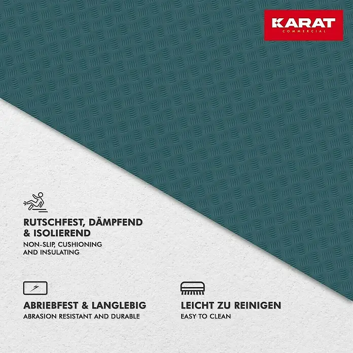 Floordirekt Läufer Diamond Cut - 120 x 400 cm, Türkis - Die Abbildung zeigt eine rutschfeste, dämpfende und isolierende Bodenmatte von Karat Commercial, die abriebfest, langlebig und leicht zu reinigen ist.