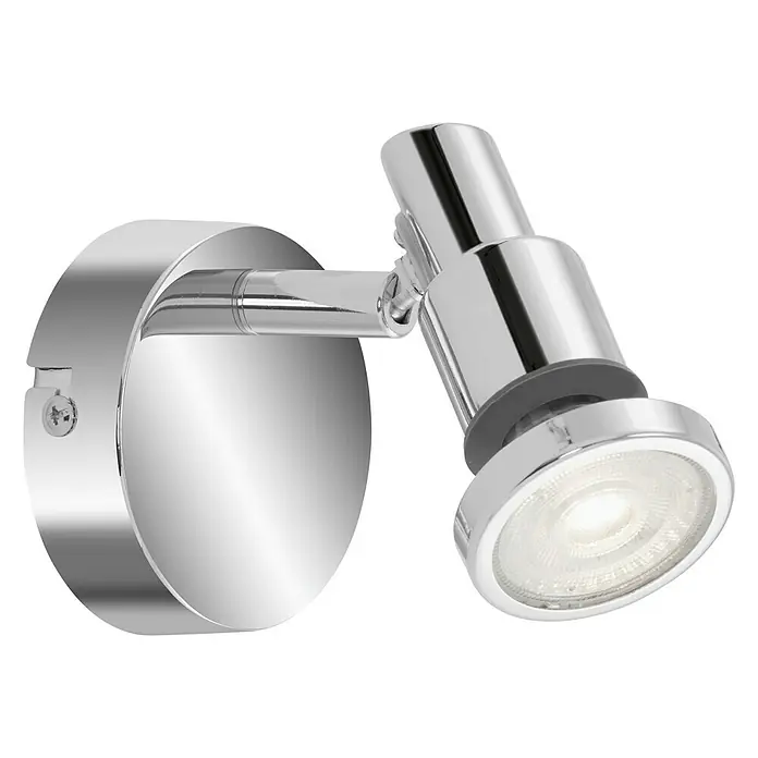 Briloner Foco de pared LED - L x An x Al: 8 x 8 x 10,6 cm, Cromo, Blanco cálido - Primer plano de un aplique de pared cromado brillante y ajustable con base redonda y luz LED.