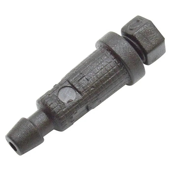 Gotero lineal - 2 l/h, 25 ud. - Primer plano de un conjunto de válvula antirretorno de combustible negra con cabeza hexagonal, un componente esencial.