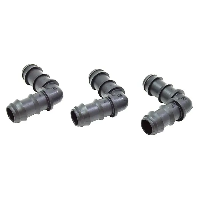 Codo goteo - Diámetro: 16 mm, Plástico, 3 ud. - Tres conectores de codo de riego de plástico negro, que garantizan conexiones de manguera seguras y duraderas.