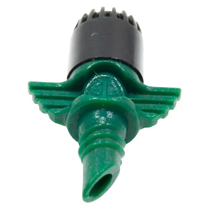 Tobera pulverizadora microdifusora 360º 60 L/H - 10 ud., Formas de riego: 360° - Primer plano de un microaspersor de riego verde con cabezal negro para un riego eficiente del jardín.