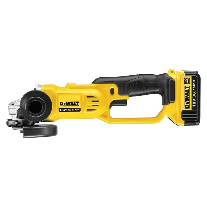 DeWalt XR 18V Akku-Winkelschleifer DCG412M2 - 2 Akkus, 4 Ah, Durchmesser Scheibe: 125 mm - Akkubetriebener DeWalt Winkelschleifer mit gelbem Gehäuse und schwarzem Griff für professionelle Anwendungen.
