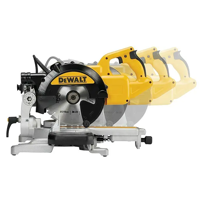 DeWalt Sierra ingletadora telescópica DWS774 - 1.400 W, 4.500 r.p.m., Diámetro hoja de sierra: 216 mm - Imagen de una sierra ingletadora DeWalt, perfecta para cortes precisos en madera y otros materiales. ¡Una herramienta esencial para profesionales!