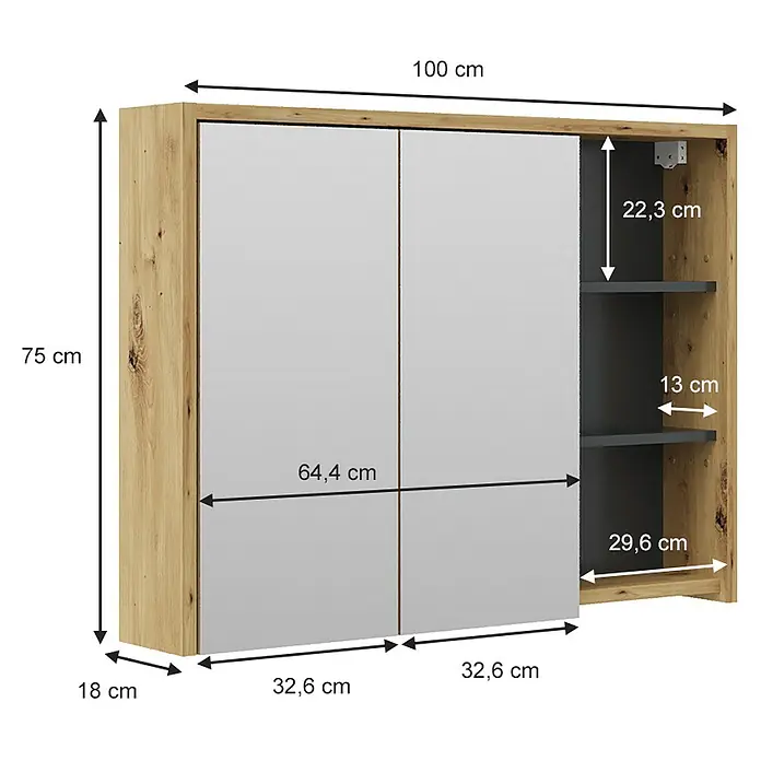 Vicco Spiegelschrank Viola Eiche/Anthrazit - B x H: 100 x 75 cm, Sonstiges, Eiche/Anthrazit