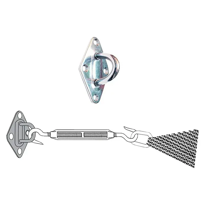 Nortene Fijación Mural - 1 ud., Largo: 8 cm, Acero inoxidable - Ilustración de una placa de ojo y un tensor, ideal para diversas aplicaciones de fijación.